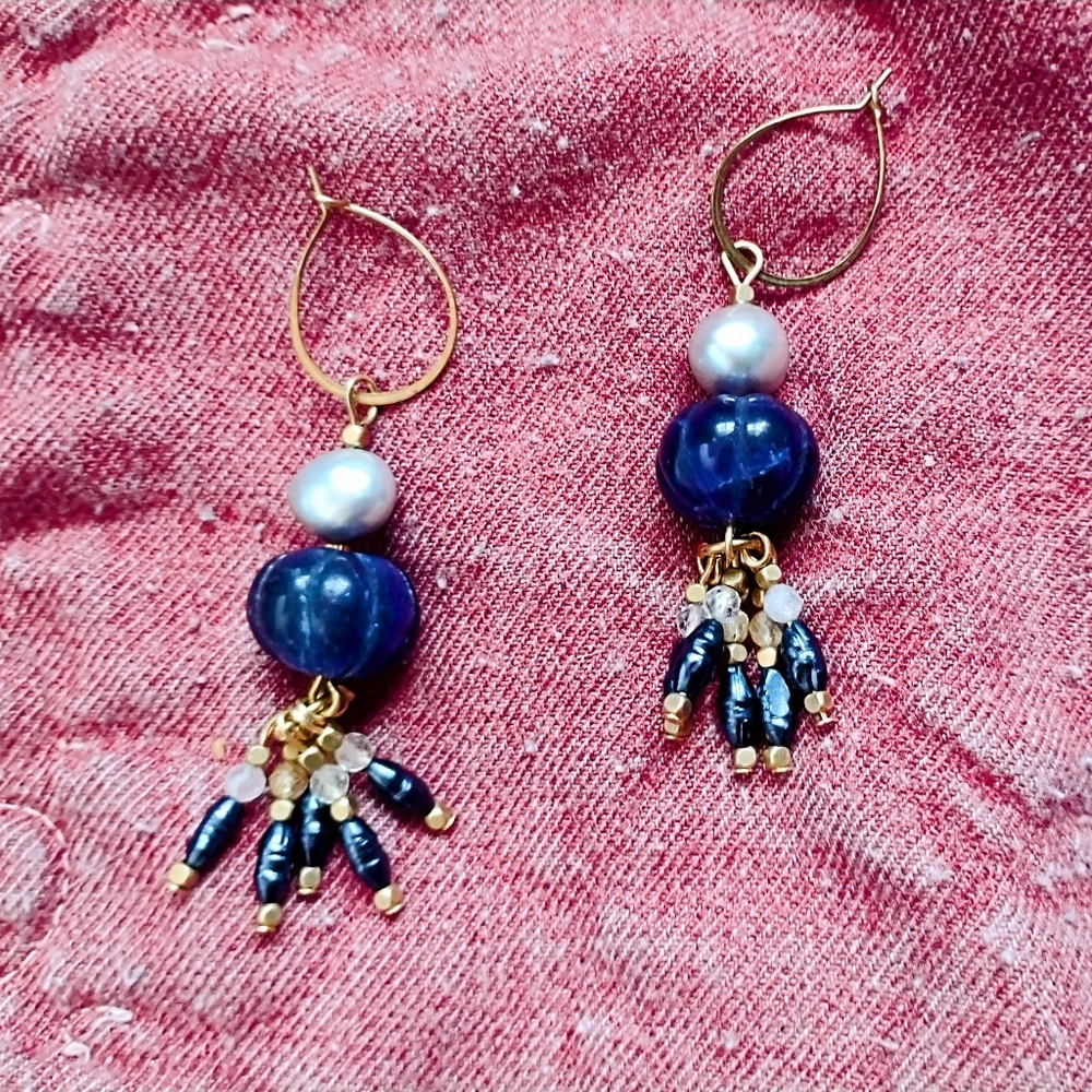 Handmade Pearl Beaded Tassel And Sapphire Earrings